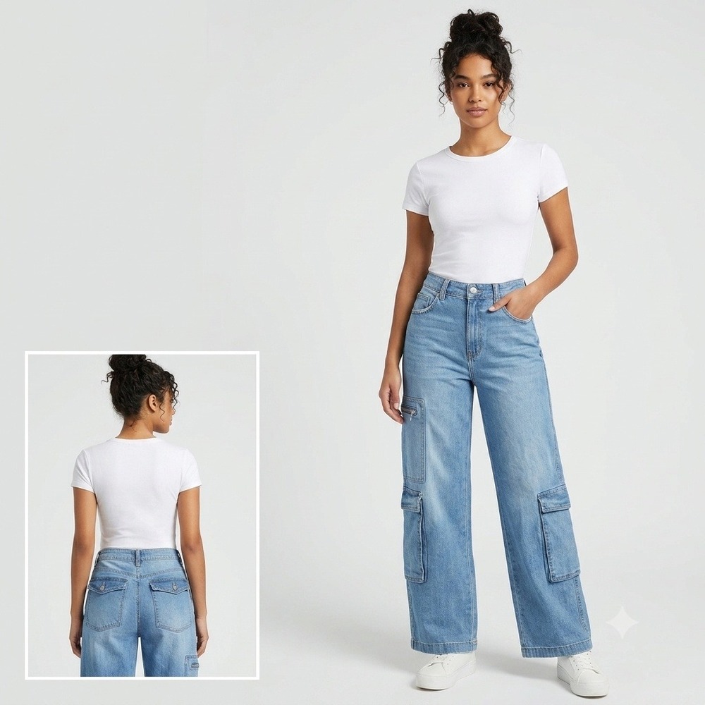Madden NYC Cargo Jeans Women 21 Light Blue Wide Leg Y2K Multi-Pocket Denim